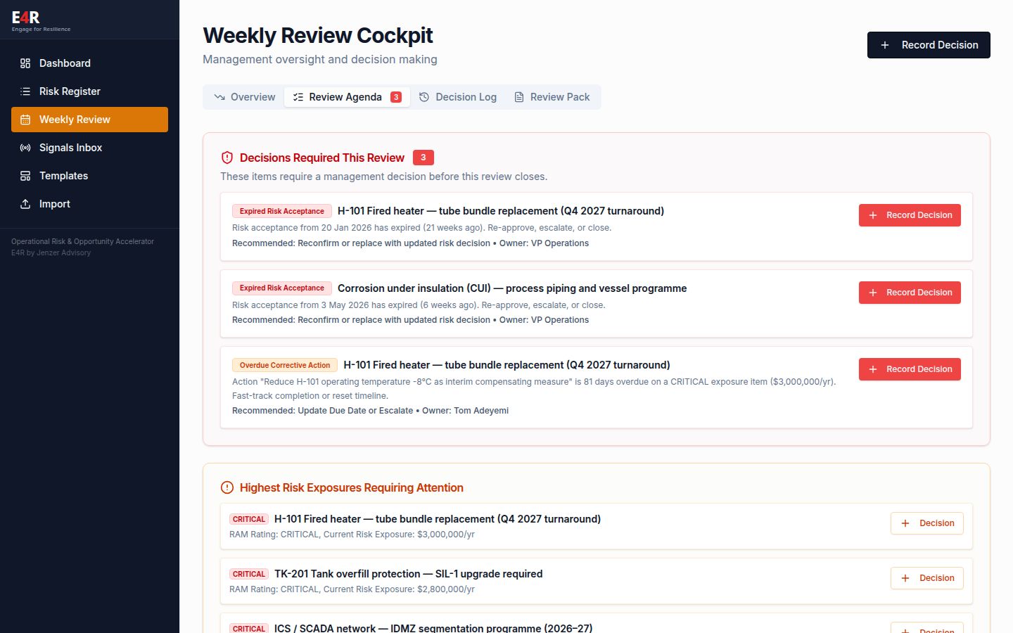 E4R management review cockpit agenda listing decisions required this review, expired risk acceptances and overdue corrective actions with recorded owners.