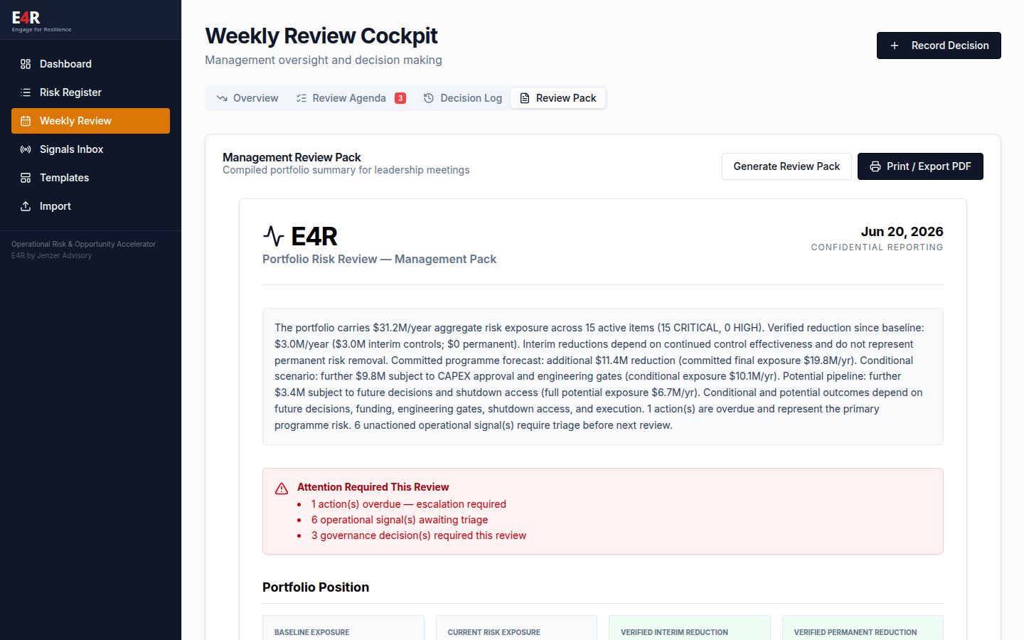 E4R management review pack compiling portfolio position, attention items, required decisions and verified risk-reduction evidence for a leadership meeting.