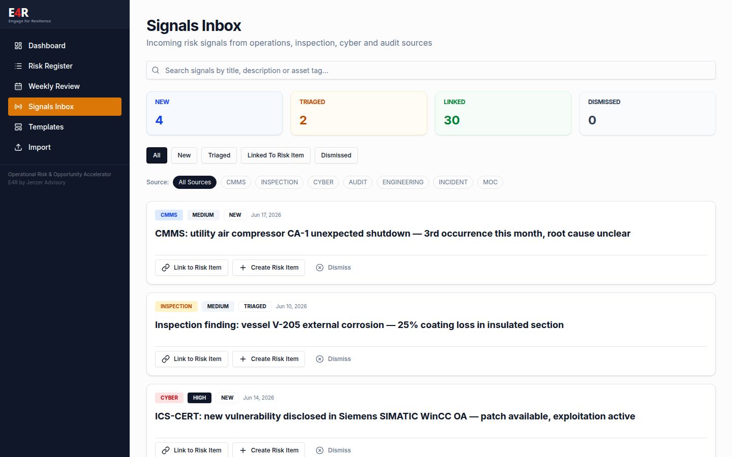 E4R signals inbox showing incoming signals from CMMS, inspection and cyber sources, each with options to link to a Risk / Opportunity, create a portfolio item or dismiss.